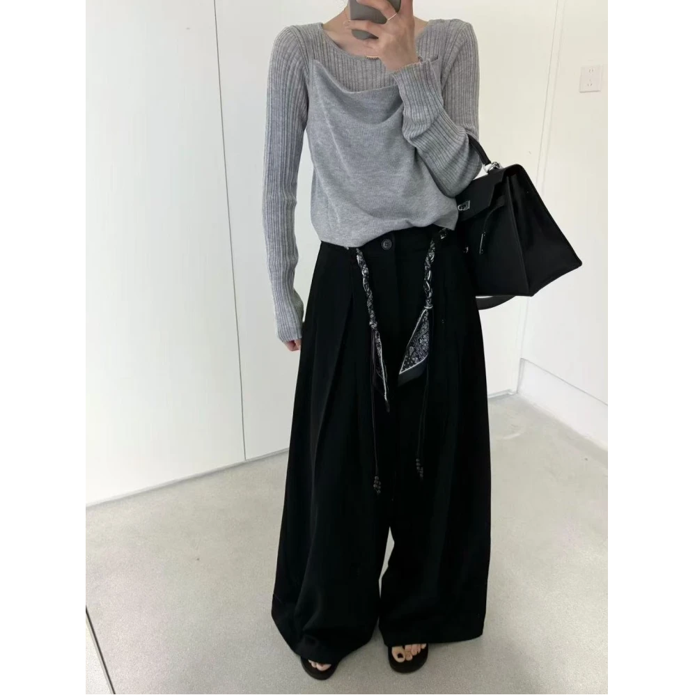 早秋拖地大口袋弯刀格子裤女宽松显瘦阔腿工装休闲裤