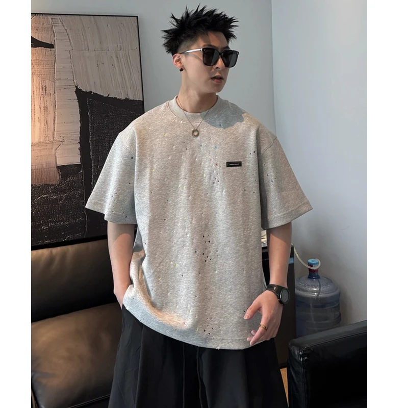 满天星破洞设计感灰色圆领短袖T恤男夏季潮牌痞帅高级感休闲半袖