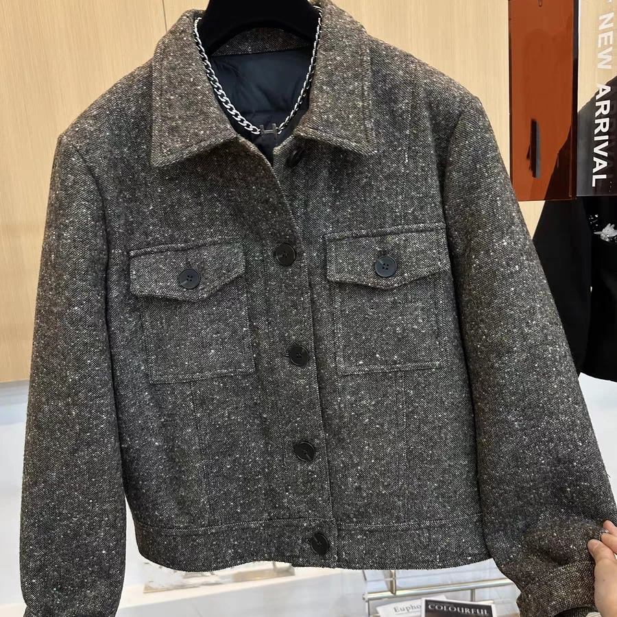 1887#花灰翻领夹克保暖外套厚款秋冬新款高级时尚感