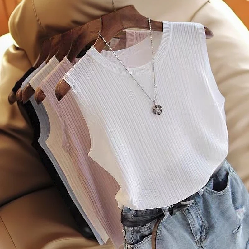 夏季新款无袖打底衫女外穿潮流短款纯色针织百搭背心上衣薄款短袖