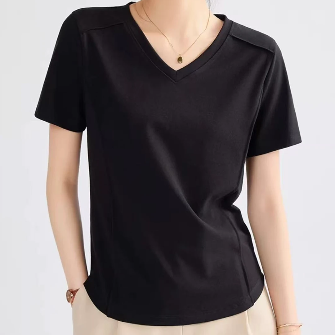 【南音裳羽】13-270夏季新款百搭简约休闲时尚鱼骨v领T恤