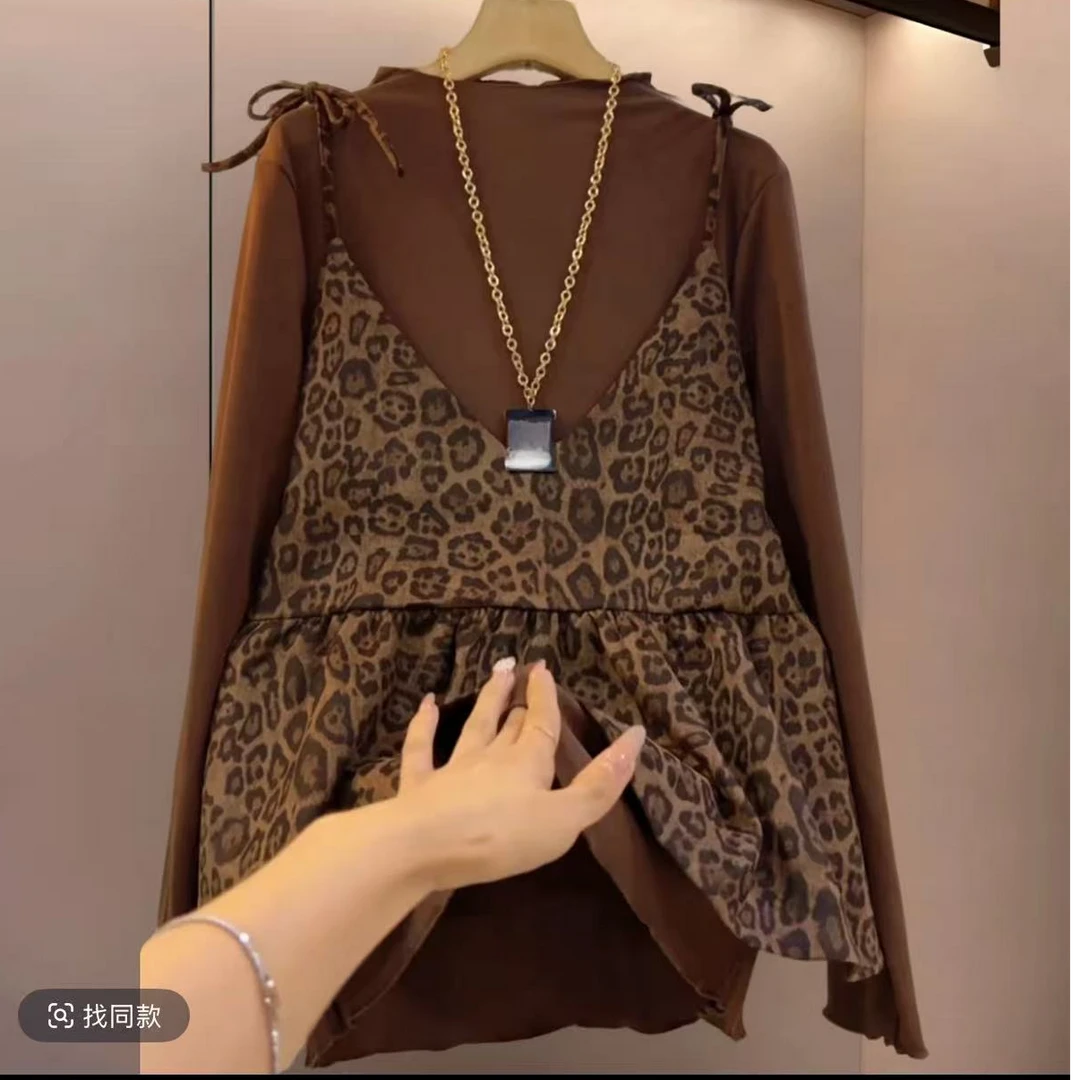 秋季款大码女装胖妹妹咖色豹纹吊带拼接显瘦宽松百搭长袖两件套