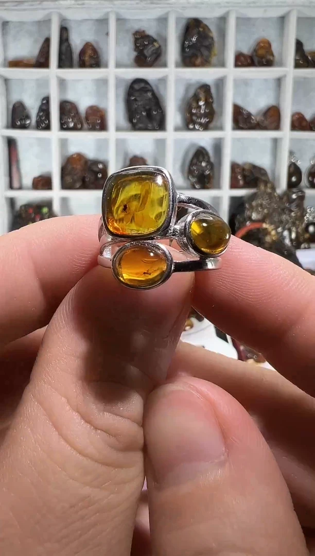 虫珀项链银S925镶嵌抚顺琥珀虫珀三戒面戒指