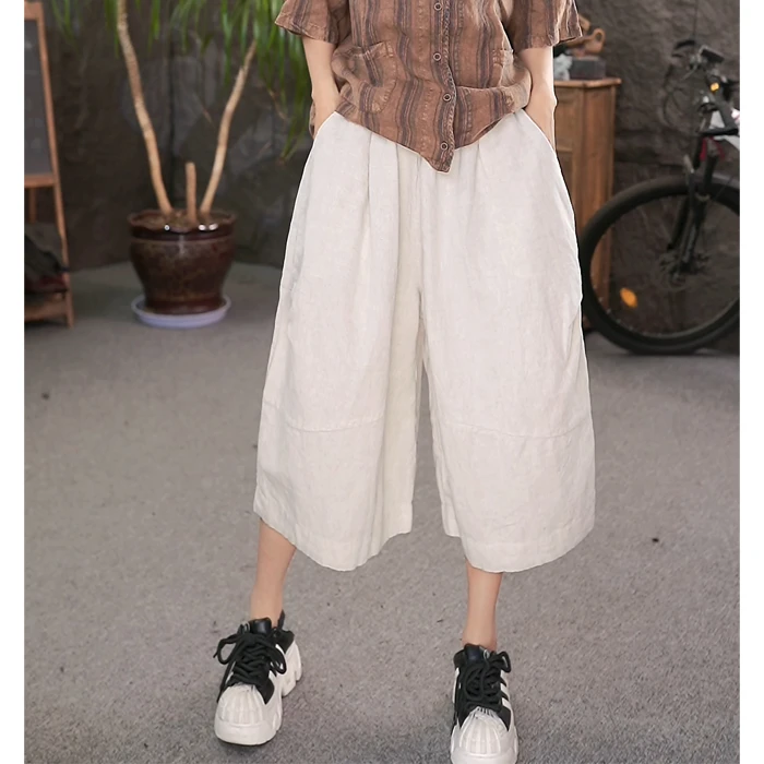 LL夏季薄款复古炒色做旧纯色亚麻松紧腰阔腿裤女