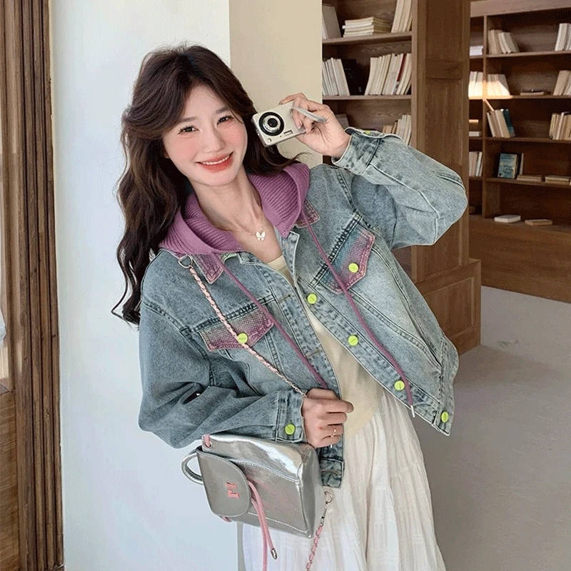 韩版时尚女2025春秋新款撞色针织连帽牛仔显瘦洋气学生风夹克上衣