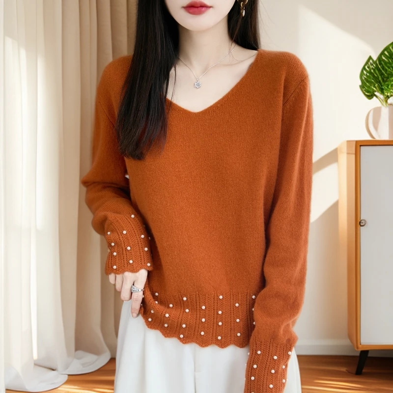 秋冬洋气订珠毛衣宽松V领韩版女士全羊毛衫百搭可外穿针织打底衫