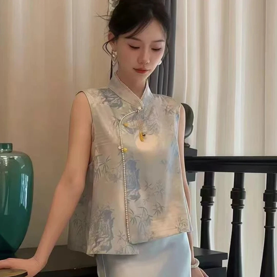 25中式国风气质时尚百搭宽松复古夏季透气显瘦新中式无袖立领马甲