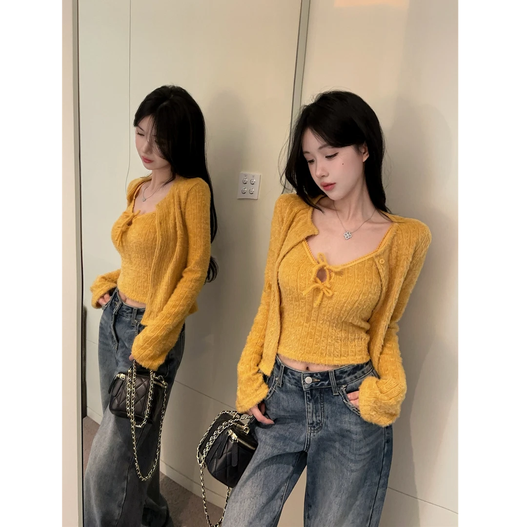 V领系带无袖露肩毛织背心喇叭袖无领排扣毛绒软糯开衫两件套