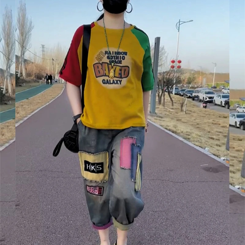 视觉系撞色潮减龄两件套女2025夏季拼色印花T恤牛仔哈伦裤两件套