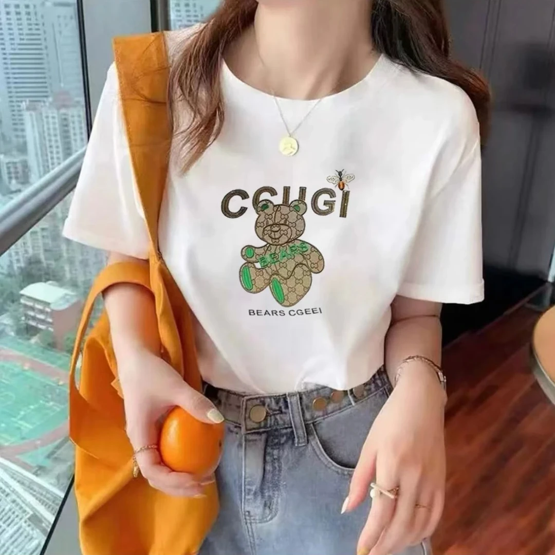 夏季潮流时尚宽松半袖夏季个性好看圆领设计感印花上衣-蜜蜂小熊