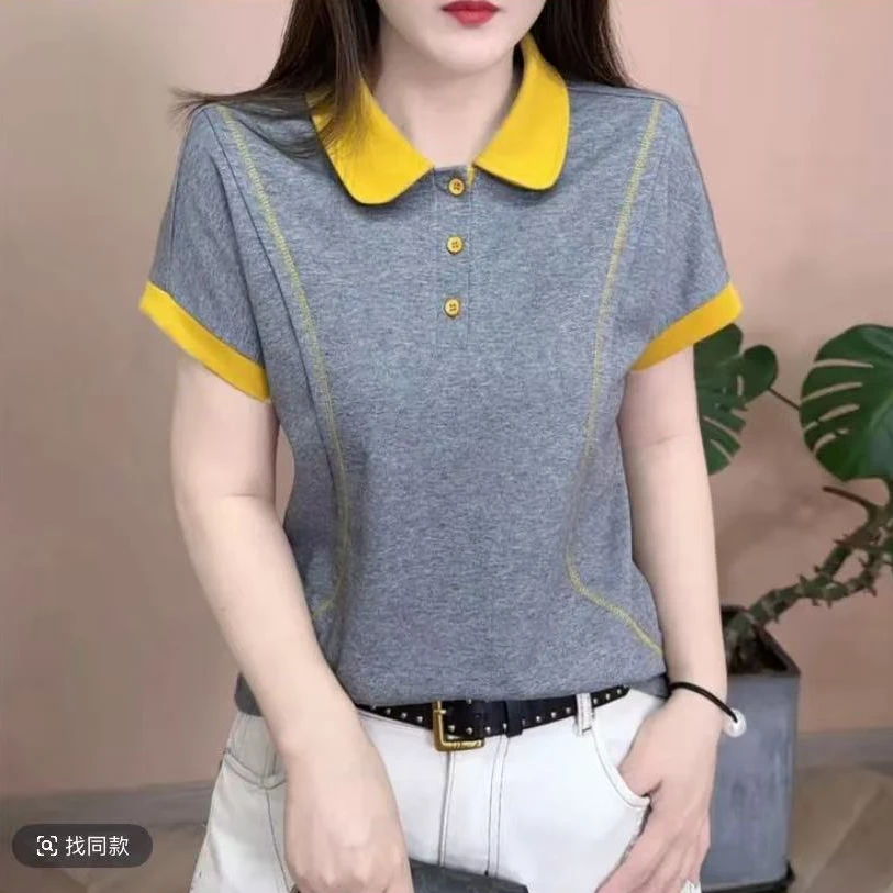 2025春夏款新品时尚百搭修身显瘦休闲纯色POLO领女士短袖上衣小衫