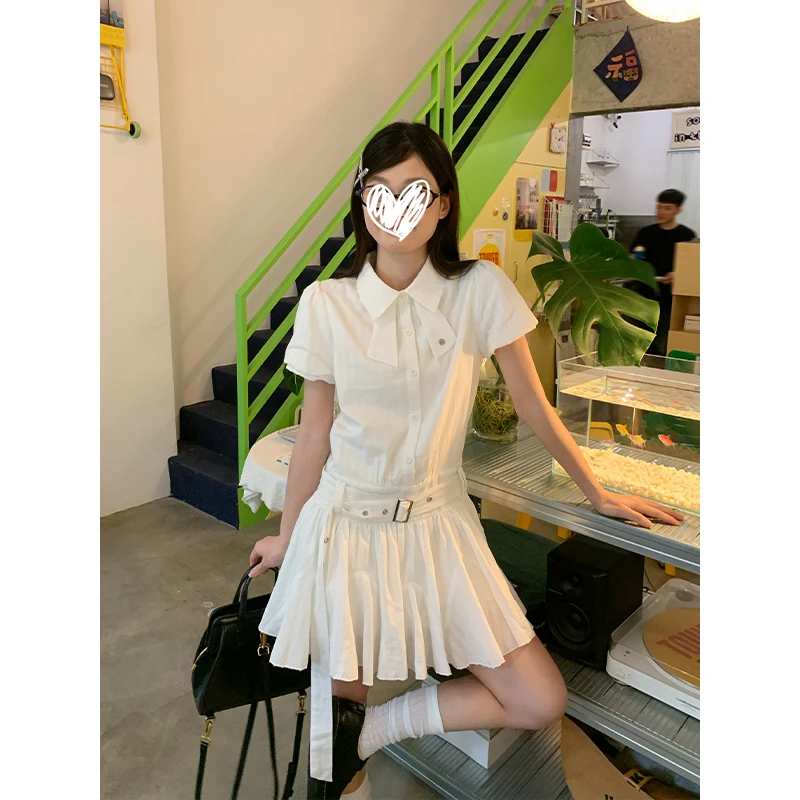 衬衫裙女夏季韩系少女学院风Polo领连衣裙泡泡袖收腰小个子短裙