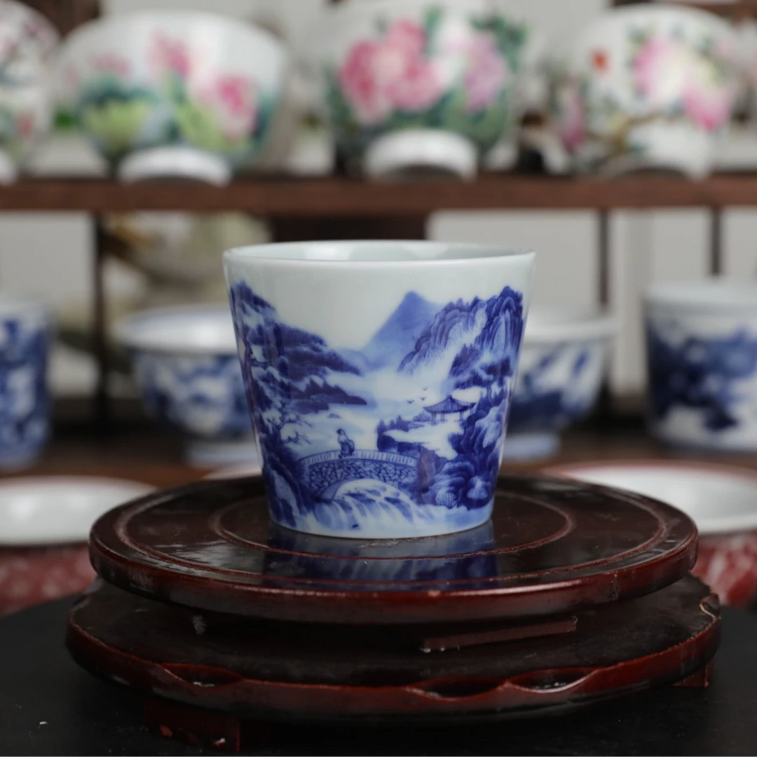 景德镇陶瓷茶具瓷语匠心手工青花山水筒杯