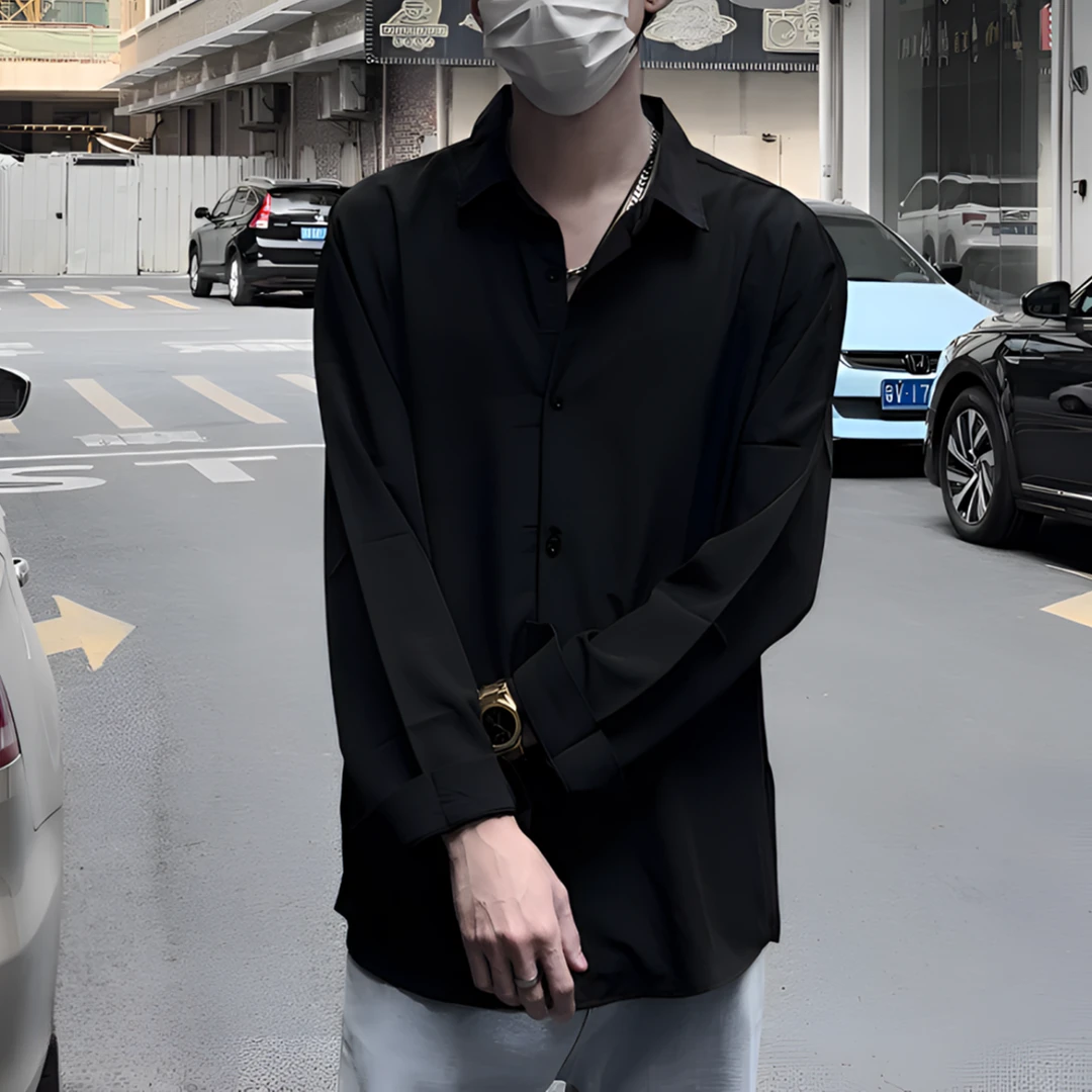 黑色衬衫男士长袖宽松大码春秋季潮流休闲薄款加肥加大内搭衬衣男