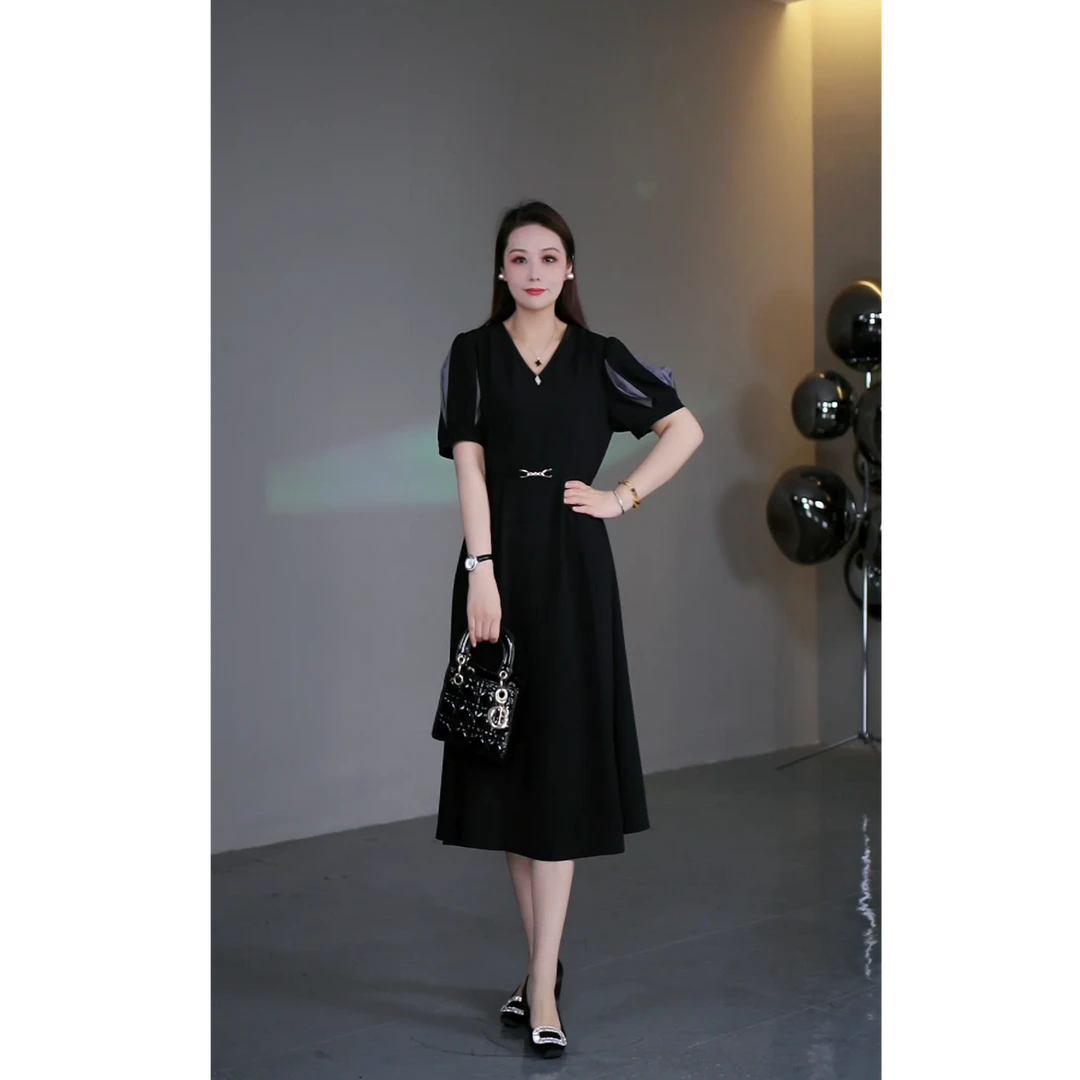 菲姐高定女装显瘦黑色简约夏季新款连衣裙ZB7072