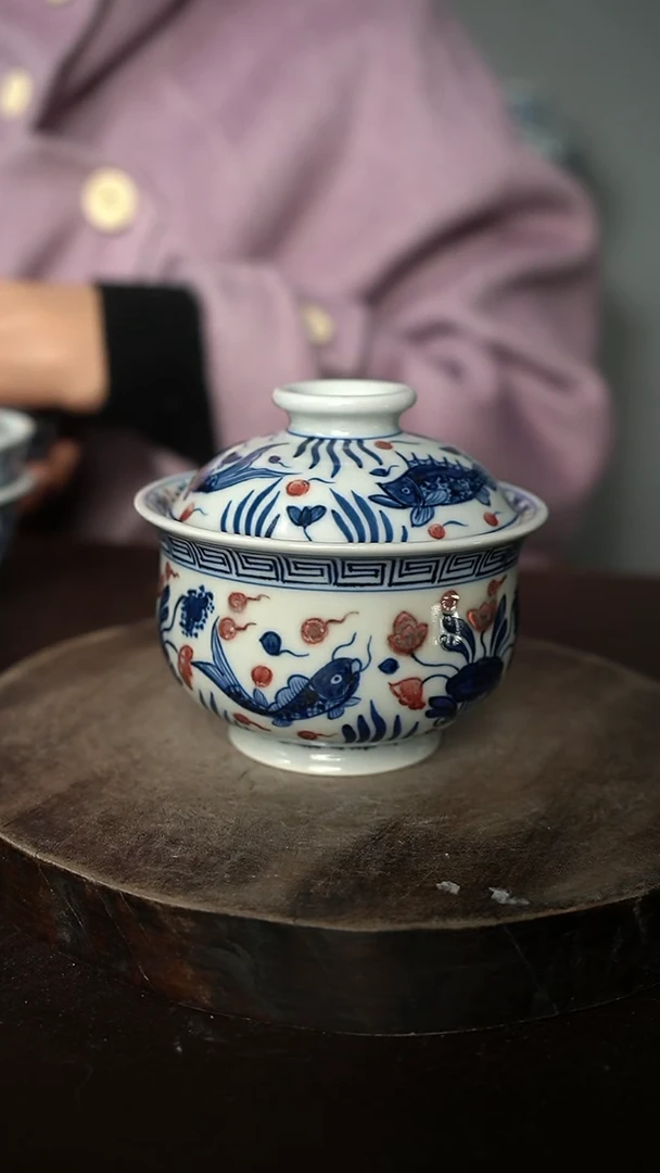 【闪购商品】微瑕福利-瑕柴窑青红鱼藻炉式盖碗 大