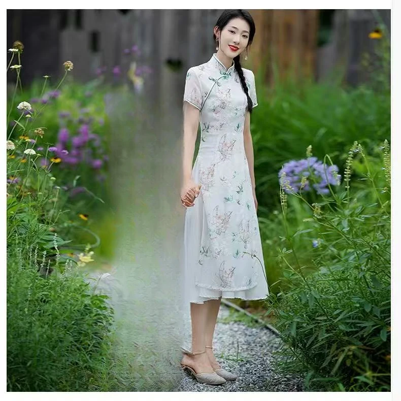 0275 米色 刺绣 （雁南飞）奥戴 旗袍