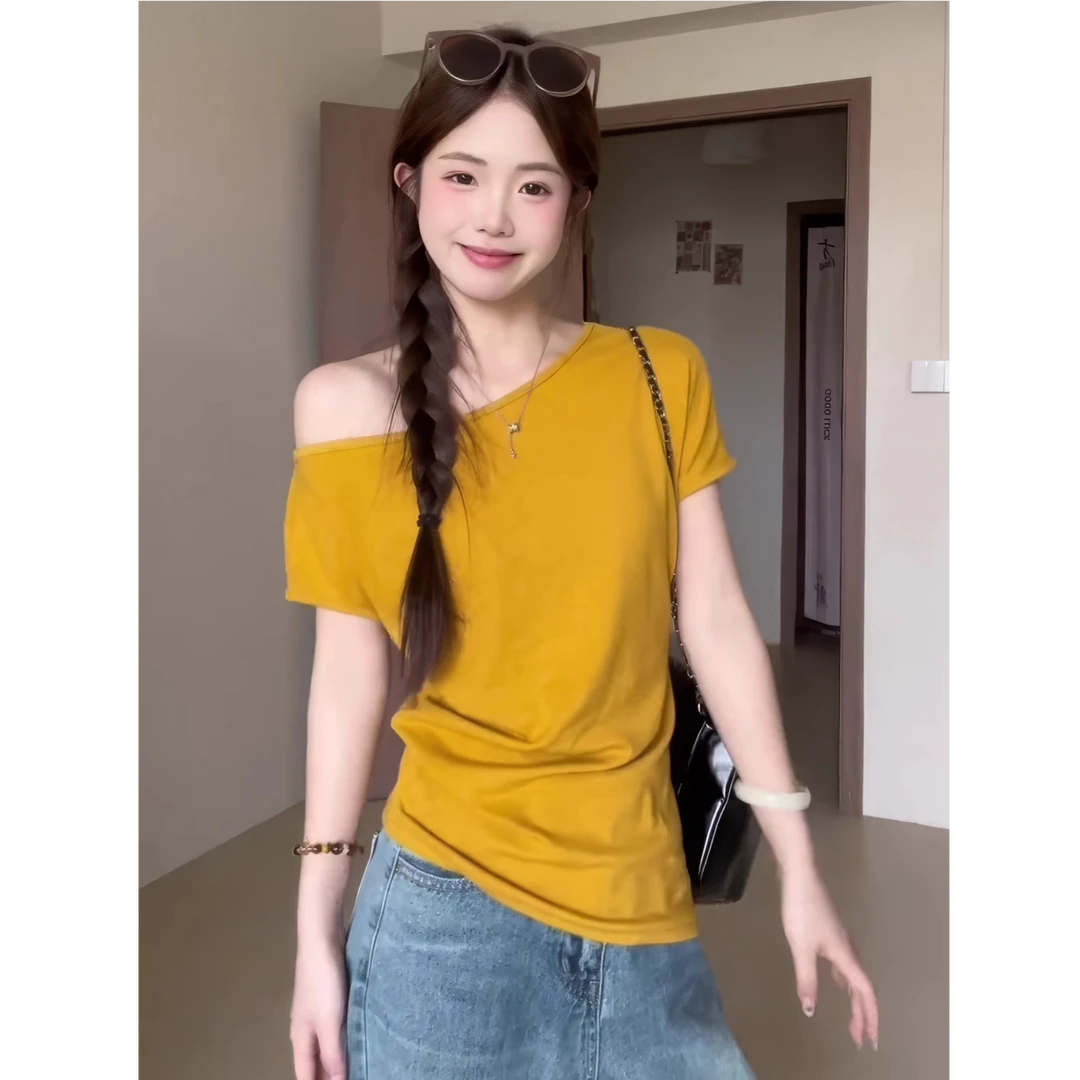 Notdefined美式辣妹黄色斜肩短袖T恤女夏季修身显瘦别致露肩上衣