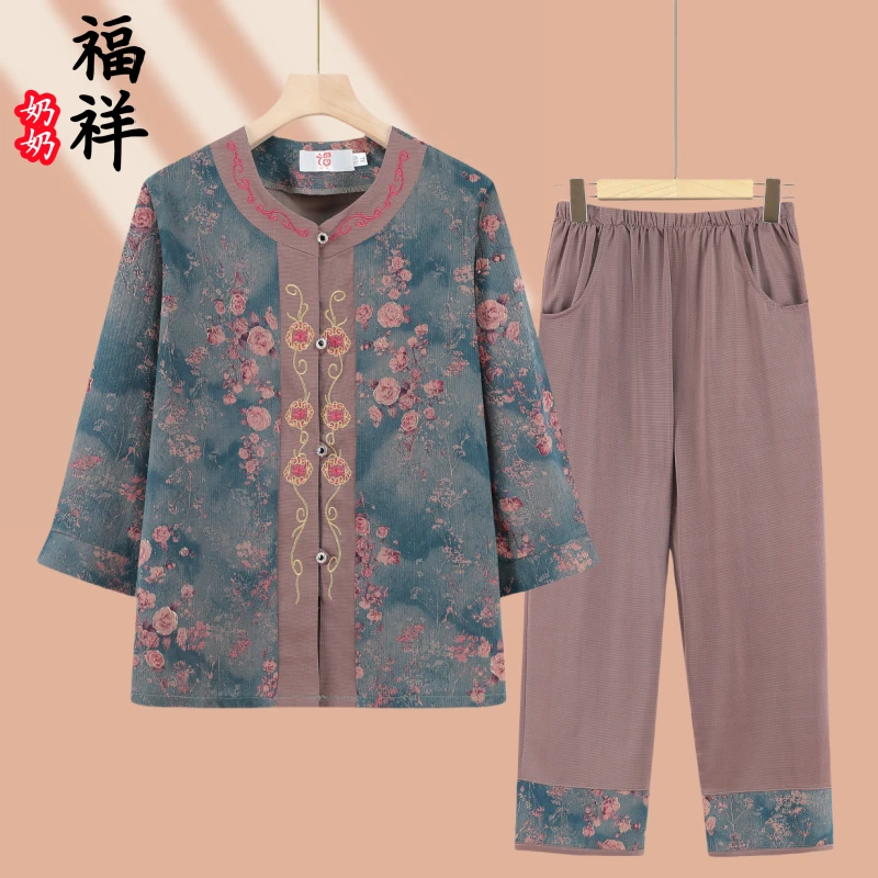 中老年夏季国风妈妈装两件套老人宽松衣服奶奶装薄款妈妈夏季衬衫