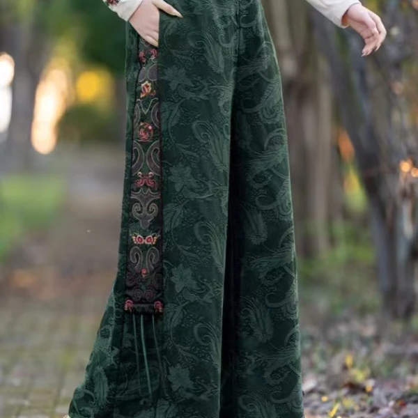 冬季民族风腰间刺绣双层阔腿裤86125