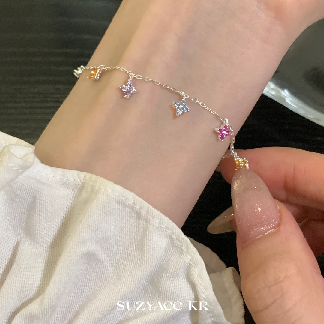 Suzyacc Kr 足银合成锆石手链  999足银【彩色四叶草】手链DC0311