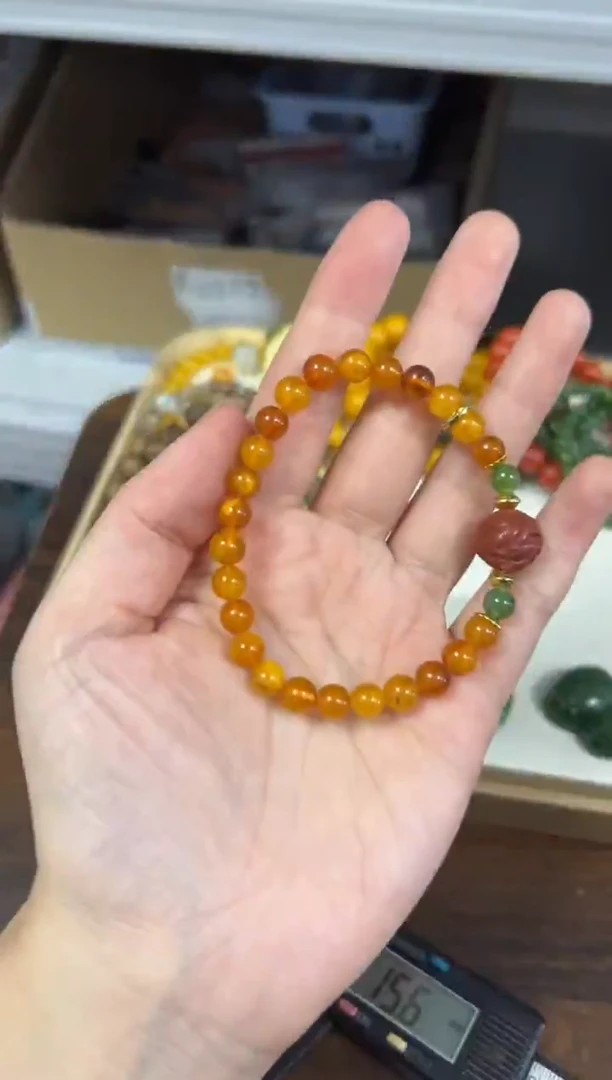 手链蜜蜡未镶嵌老蜜蜡鸡油红南红牡丹花款手串[1922]