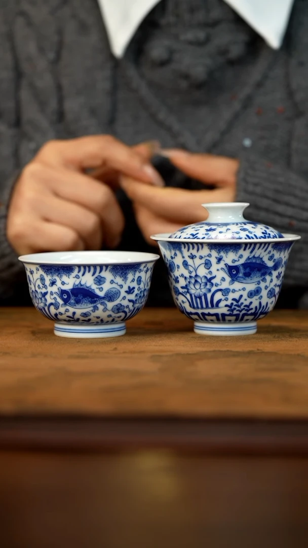 【闪购商品】青花鱼藻纹两才盖碗+杯