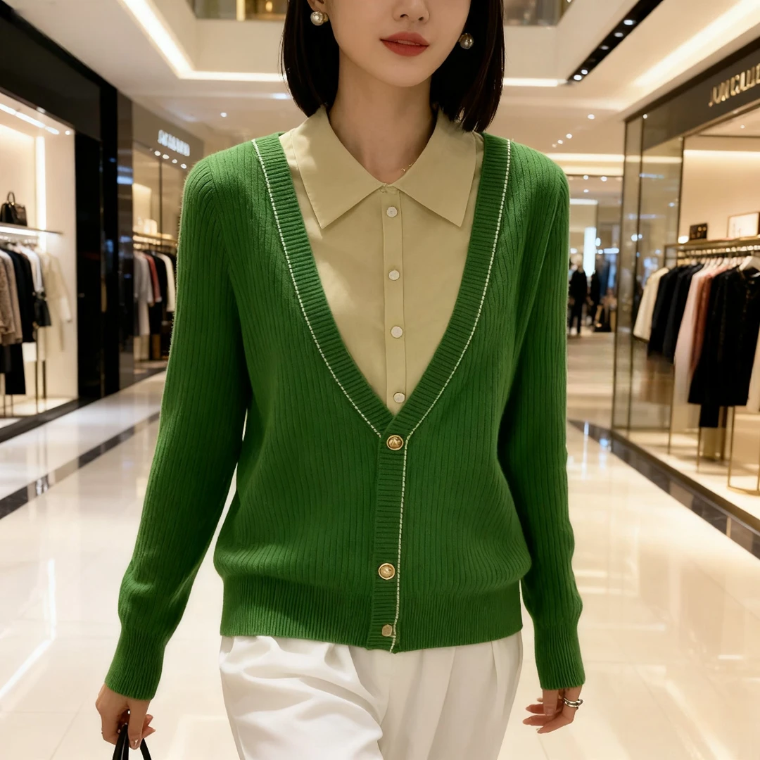 【绿色虞美人假两件】新款款宽松休闲细羊毛针织V领假两件毛衣