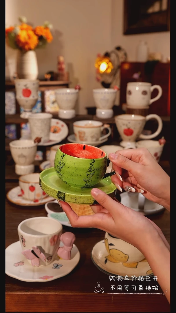 陶瓷便携款红西瓜杯碟  手绘釉下彩