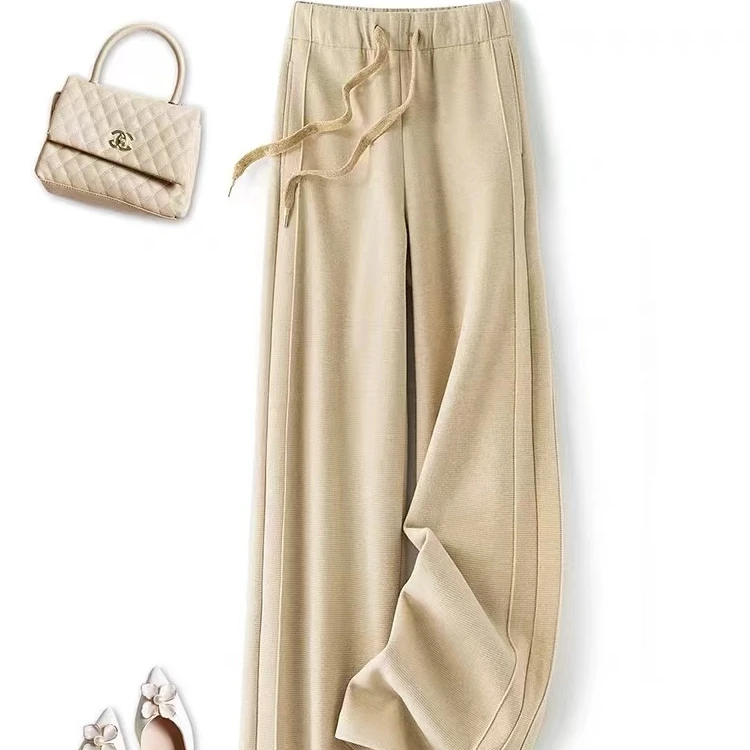 窄版阔腿裤垂坠感直筒休闲裤2025新款后松紧高腰拖地毛呢裤