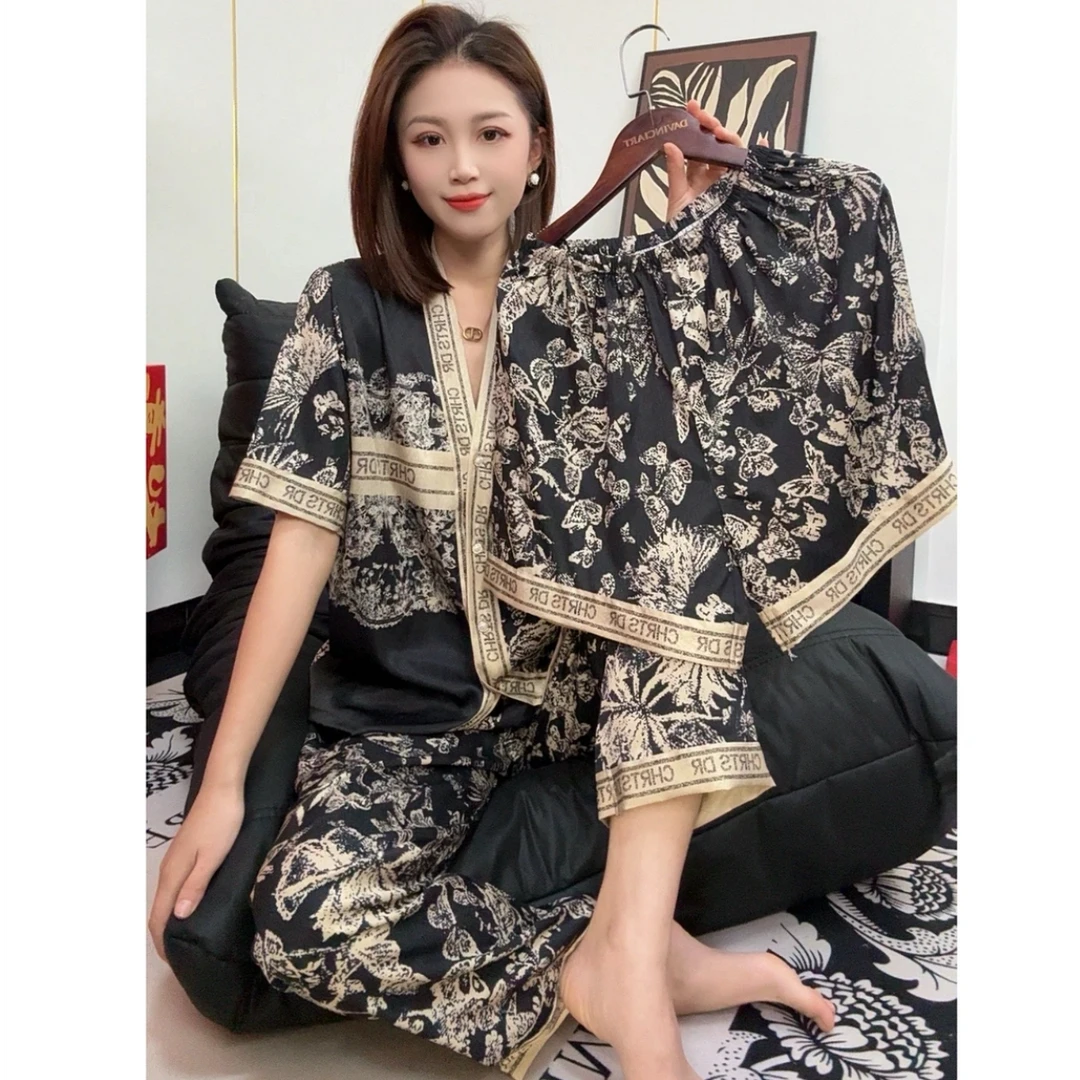 达芬奇密码新款春秋三件套黑金蝴蝶睡衣女套装网红大码印花家居服