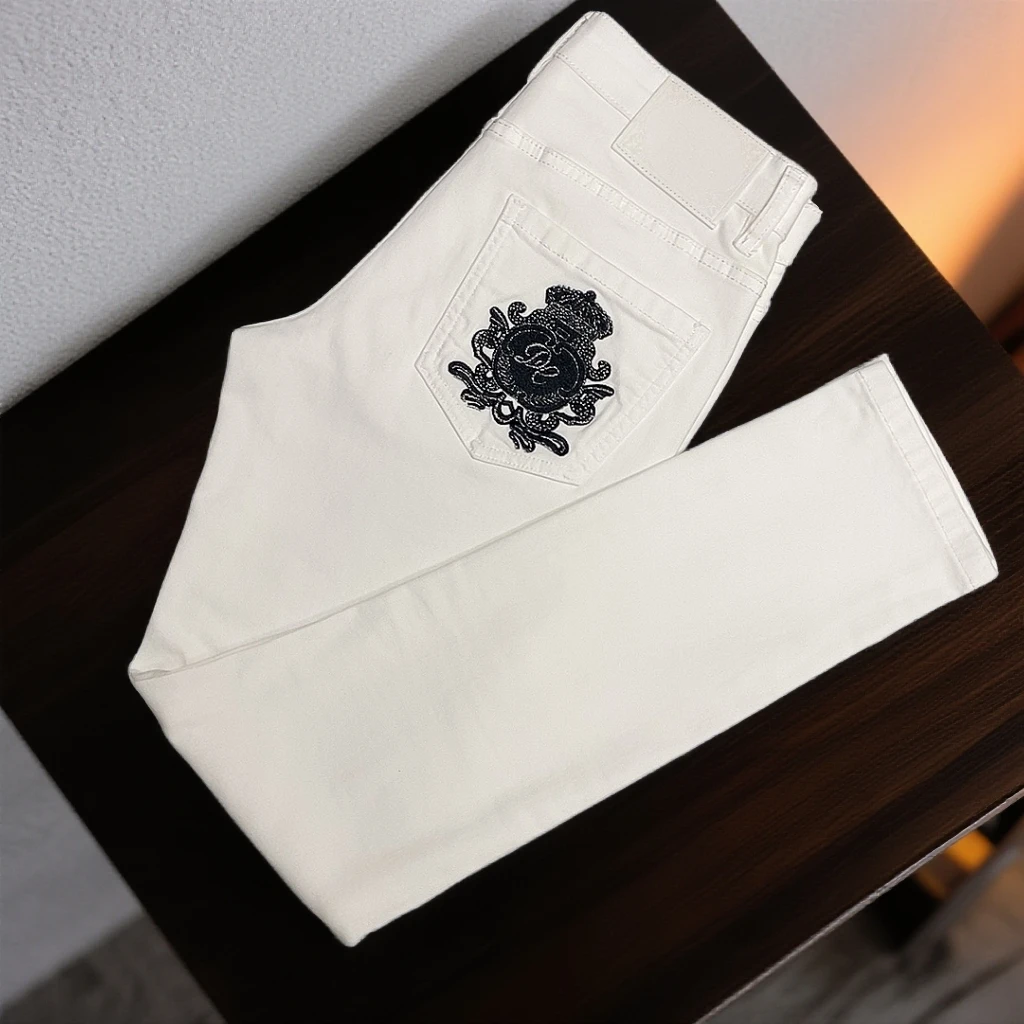 国潮四季高档刺绣白色牛仔裤男款爆款2025新款弹力修身港风潮流