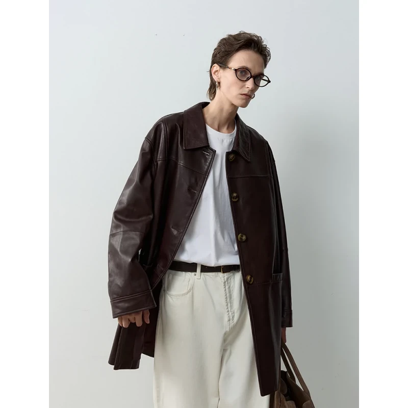 Ayuko｜南非进口皮革无涂层可洗仿旧皮复古休闲翻领真皮皮衣4638