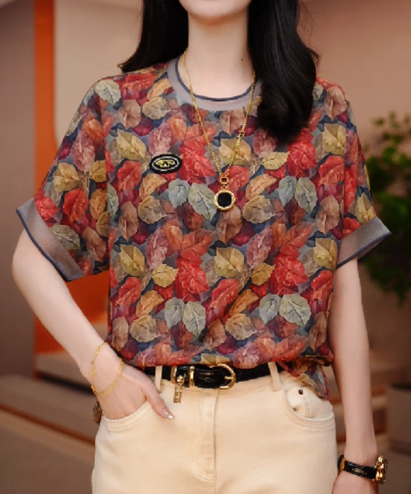 枫彩漫舞-夏季新款高级感洋气时尚百搭显瘦短袖圆领上衣