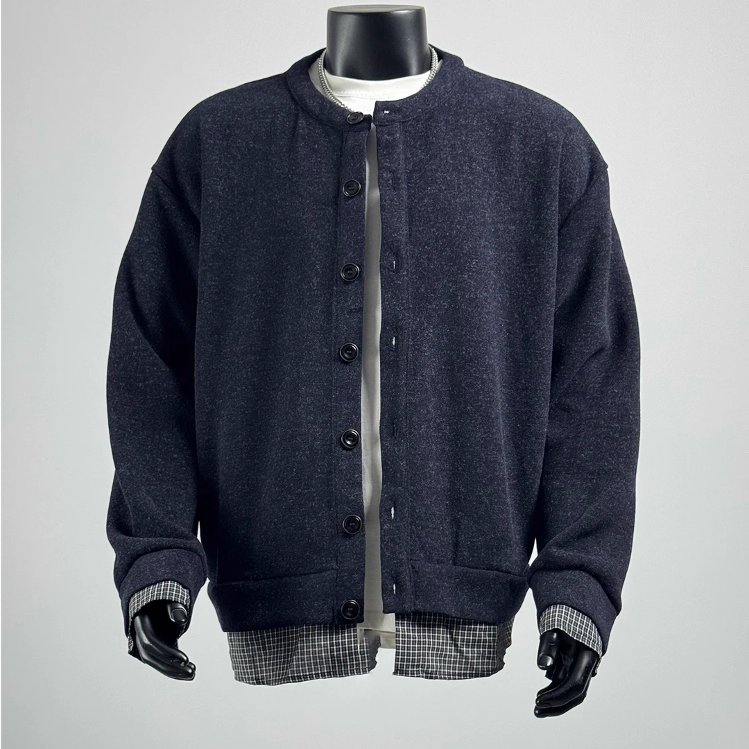 ohmmayby秋季假二件开衫针织毛衣男休闲格子拼接潮牌外套宽松上衣