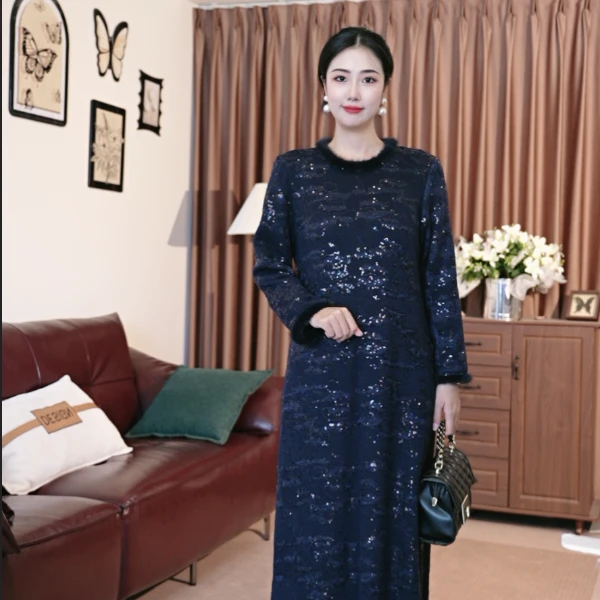 桑蚕丝丝绒【黑色亮片】气质优雅显瘦秋冬连衣裙