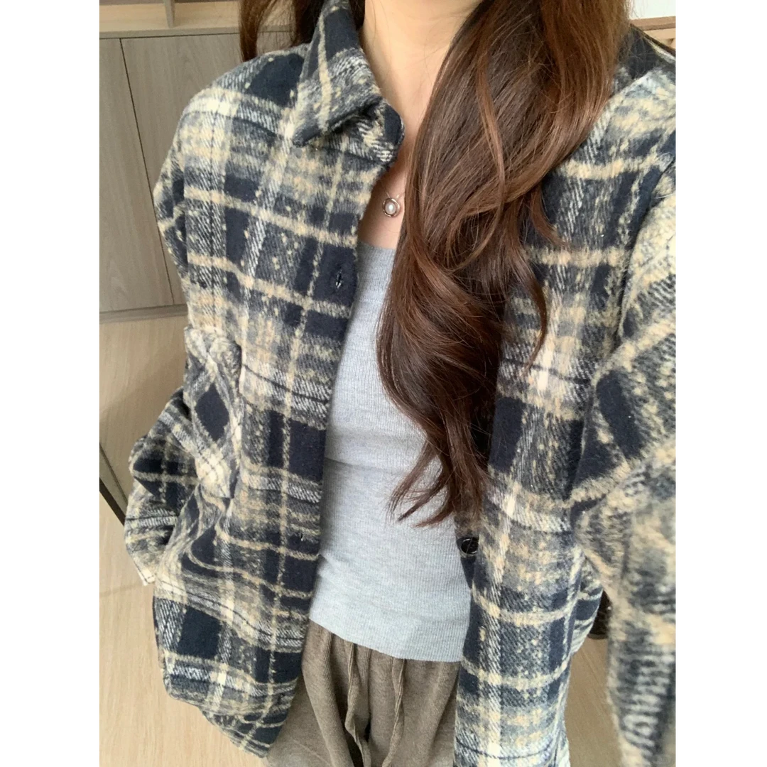 复古黑色格子衬衫外套女秋冬2025时尚休闲百搭情侣上衣慵懒风小众