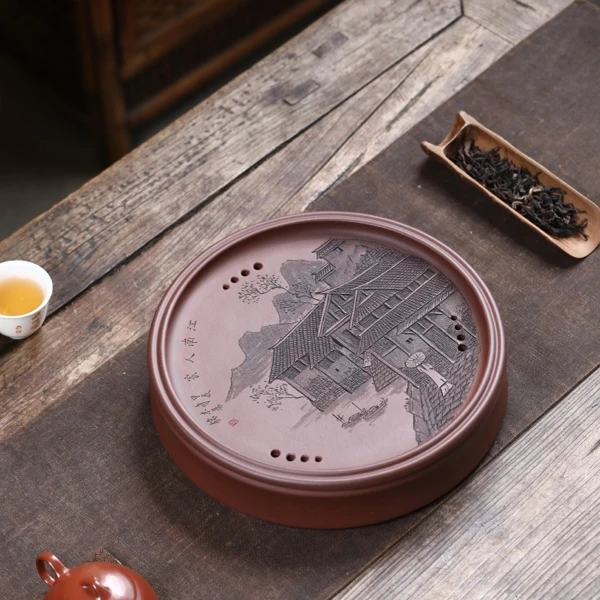 宜兴紫砂江南人家纯手工紫砂壶干泡台茶盘双层储水简约泡茶圆形
