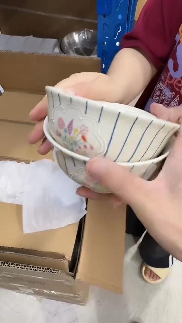 瓷片六花瓣条纹米饭碗两只装