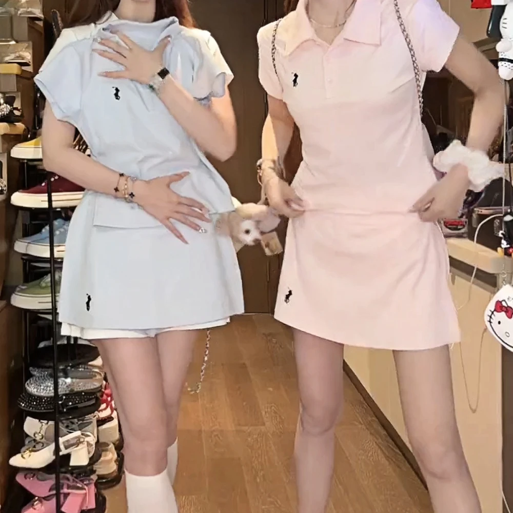 夏装新款刺绣小马休闲运动减龄上衣POLO衫+裙裤防走光半身裙套装