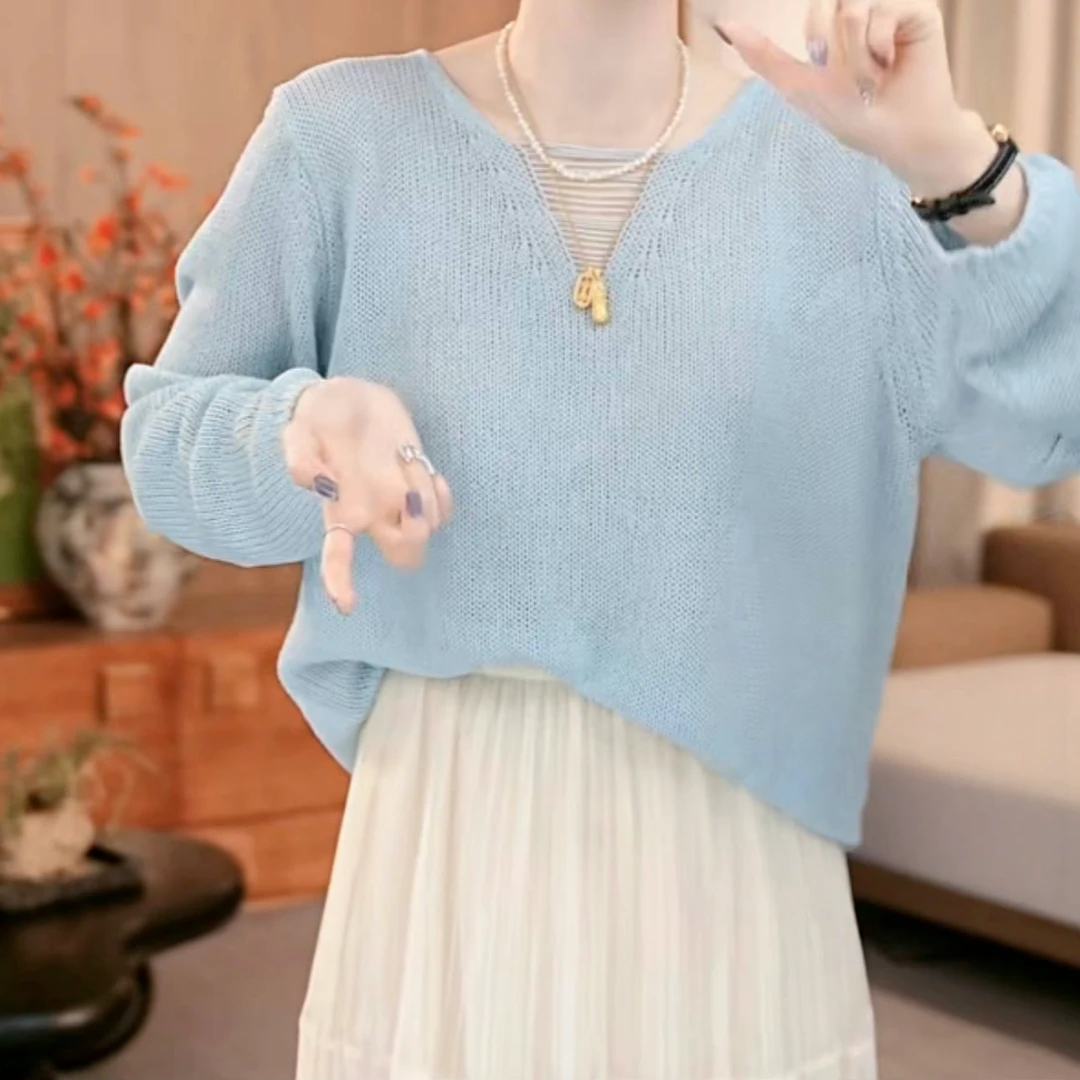 设计感v领亚麻防长袖晒罩衫女春季2025新款套头宽松慵懒风针织衫