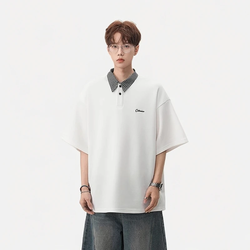 学院风格纹POLO衫短袖男夏季学院风翻领拼接情侣半袖上衣