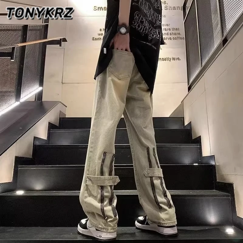 TONYKRZ美式高街黄泥染牛仔裤男设计感hiphop水洗复古宽松直筒裤
