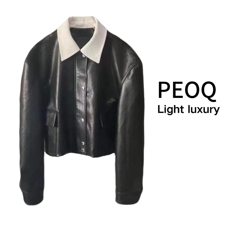 欧洲站落肩皮衣2025秋季新款时尚休闲长袖短款裂纹pu皮女款上衣潮