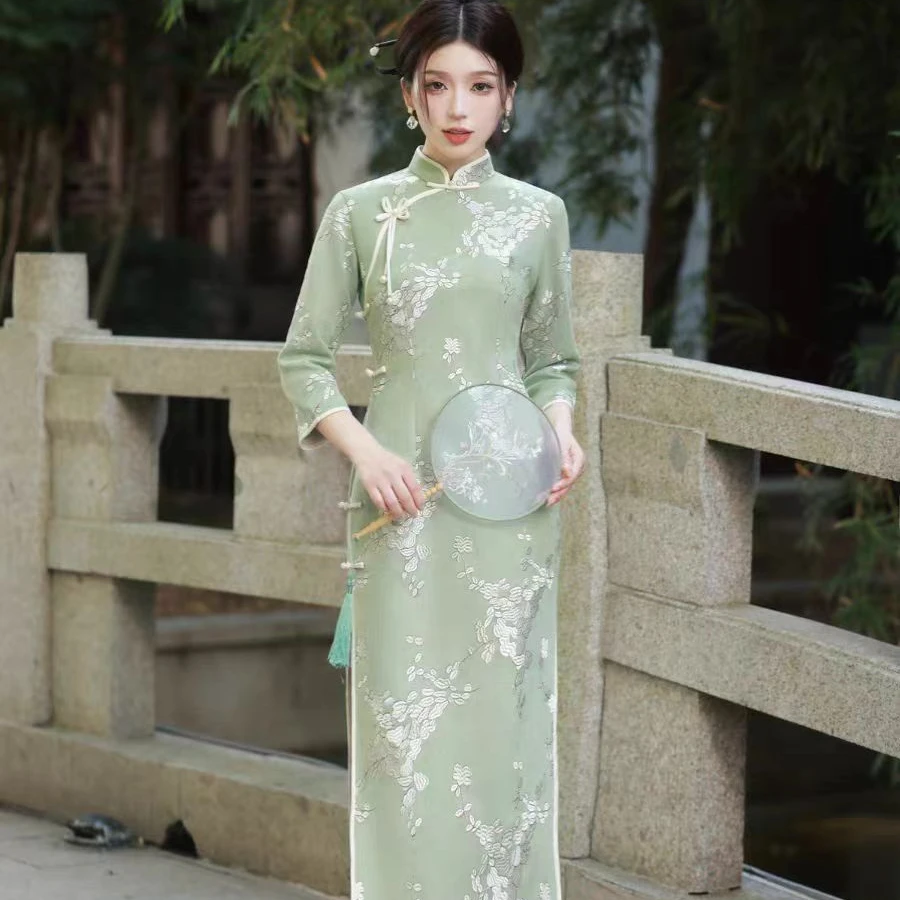 恬子梦 T725 春秋新款 卷帘草绿 裙长118 侧八扣旗袍