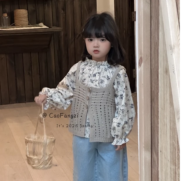 2025春季新款时髦女童小童针织毛衣碎花两件套上衣-25071