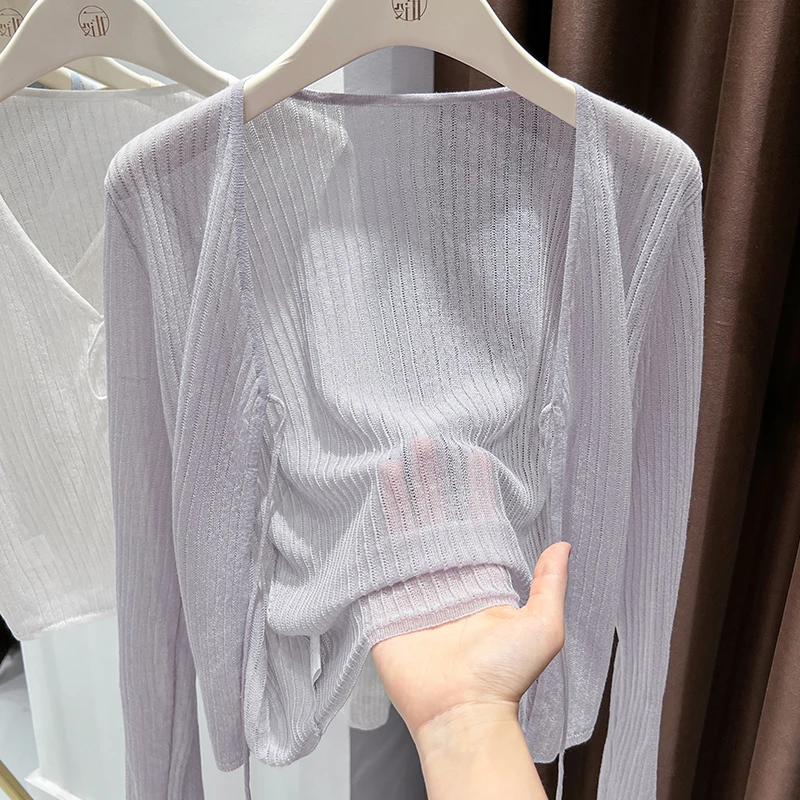 紫色软糯针织长袖小开衫女夏季配裙子外搭竖纹冰丝防晒空调衫上衣