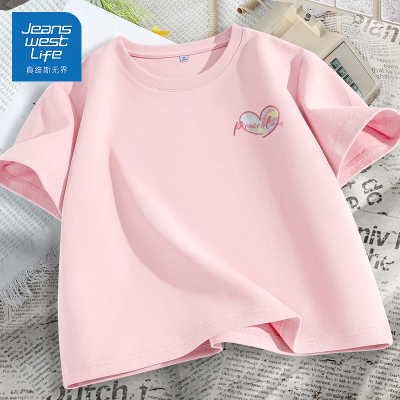 真维斯无界夏季粉色2025短款宽松T恤纯棉圆领打底学生韩版半袖女