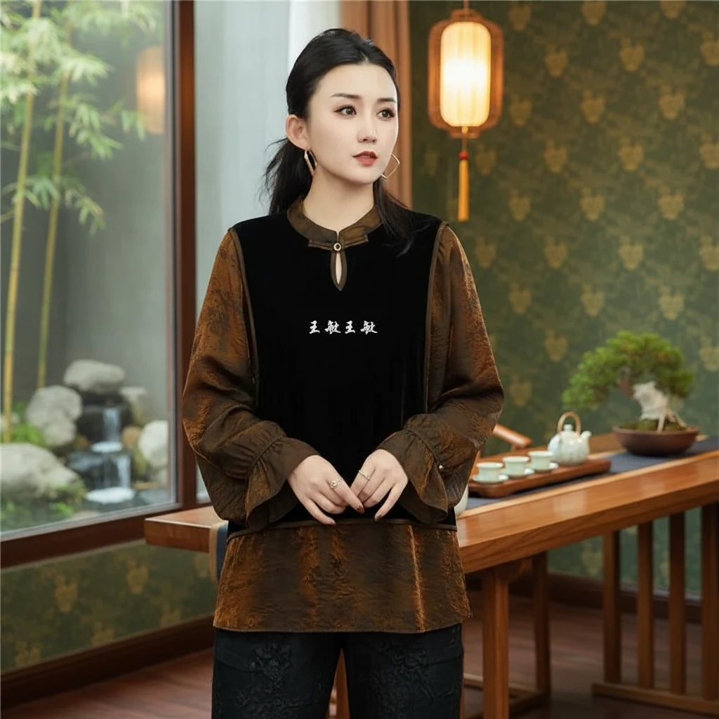 小衫上衣春装时尚大码新款打底洋气两件袖假喇叭妈妈拼接丝绒休闲