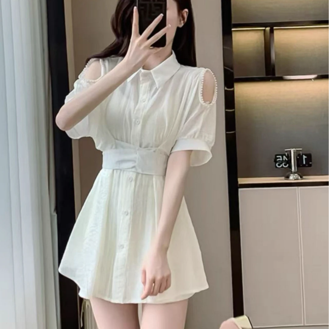 新款时尚镂空衬衫两件套女2024韩版长袖别致高级感盐系套装